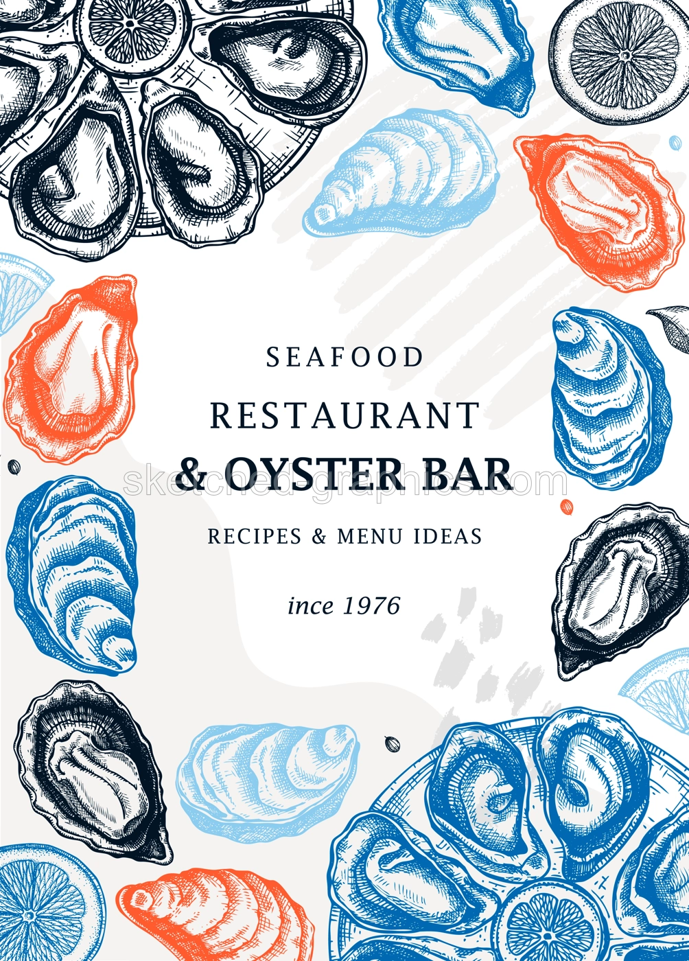 Hand-drawn oysters trendy menu template. Hand sketched cooked sea food illustrations. Collage with oysters hand-drawing. Mollusks modern card or banner design in sketched style. Illustration
